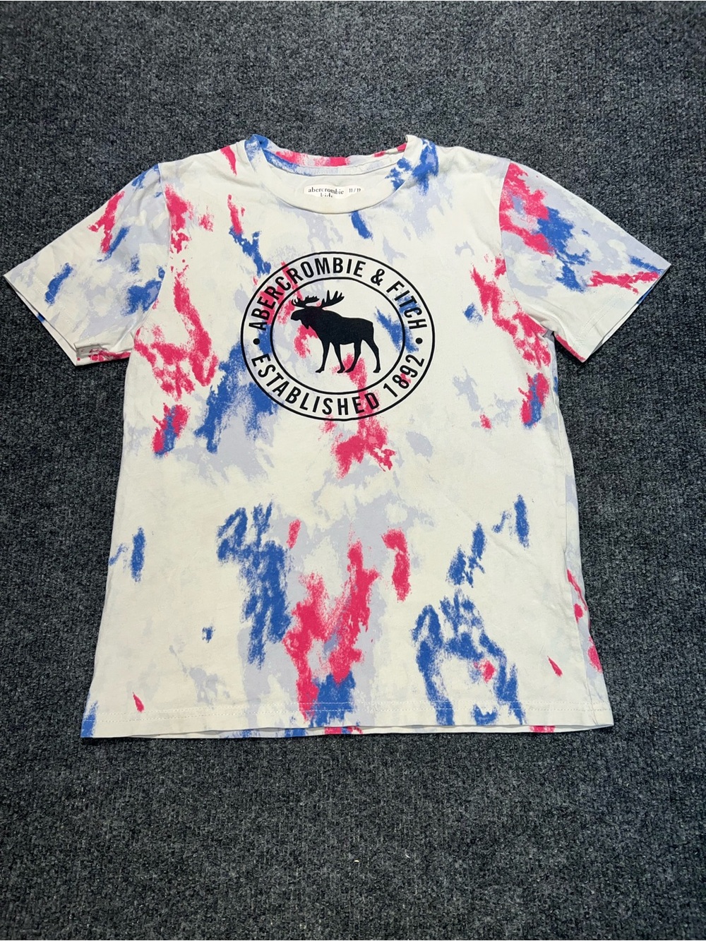 Abercrombie & Fitch White Tee with Pink & Blue Tie-Dye Logo